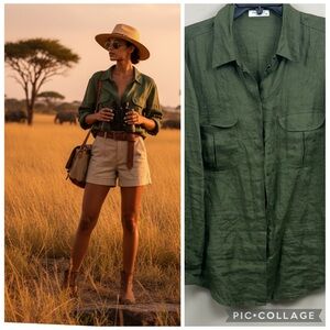 EQUIPMENT FEMME Green Button-Up 100% linen Shirt medium